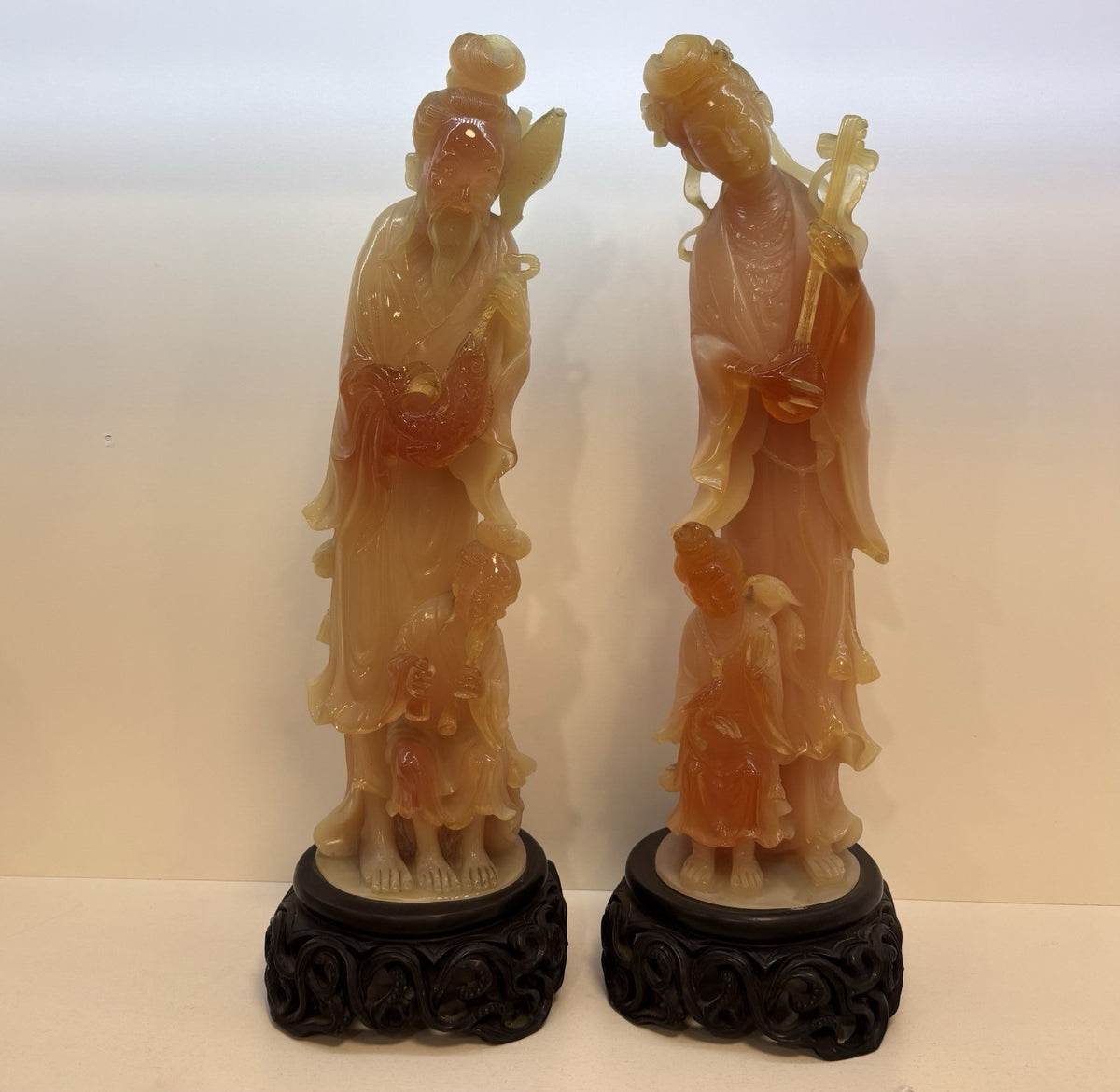 Antique Qing Dynasty Carved Chinese Statues Figurines Wood Stand 16.5”