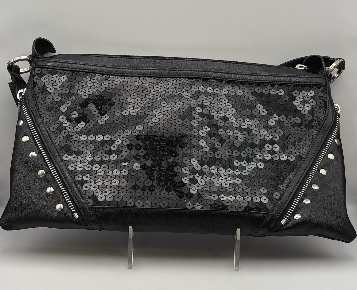 Vintage Versace Black Sequined Shoulder Bag with Leather Strap