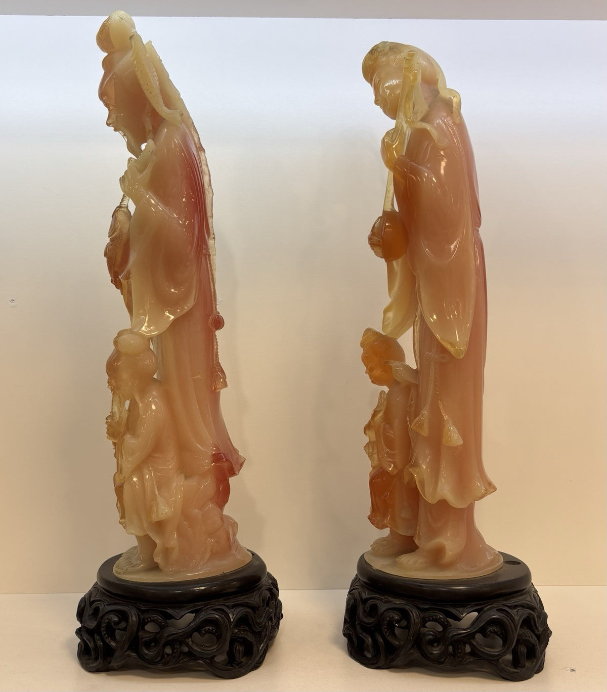 Antique Qing Dynasty Carved Chinese Statues Figurines Wood Stand 16.5”