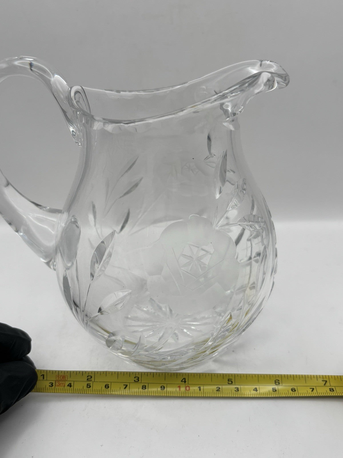 Vintage Cut Glass Crystal Pitcher with A Frosted Floral Design 7" Tall