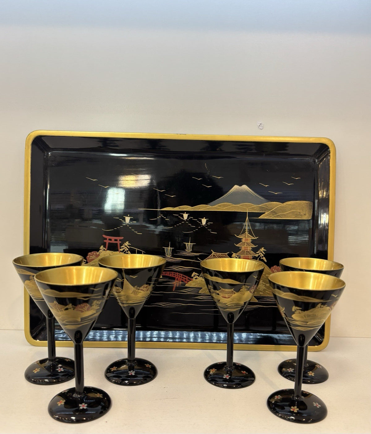 Vintage Japanese Lacquer Cocktail Set 8 Pieces Hand Painted Lacquer Ware