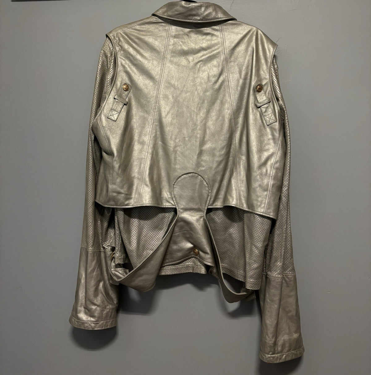 Versace Women silver metallic perforated leather jacket Size S