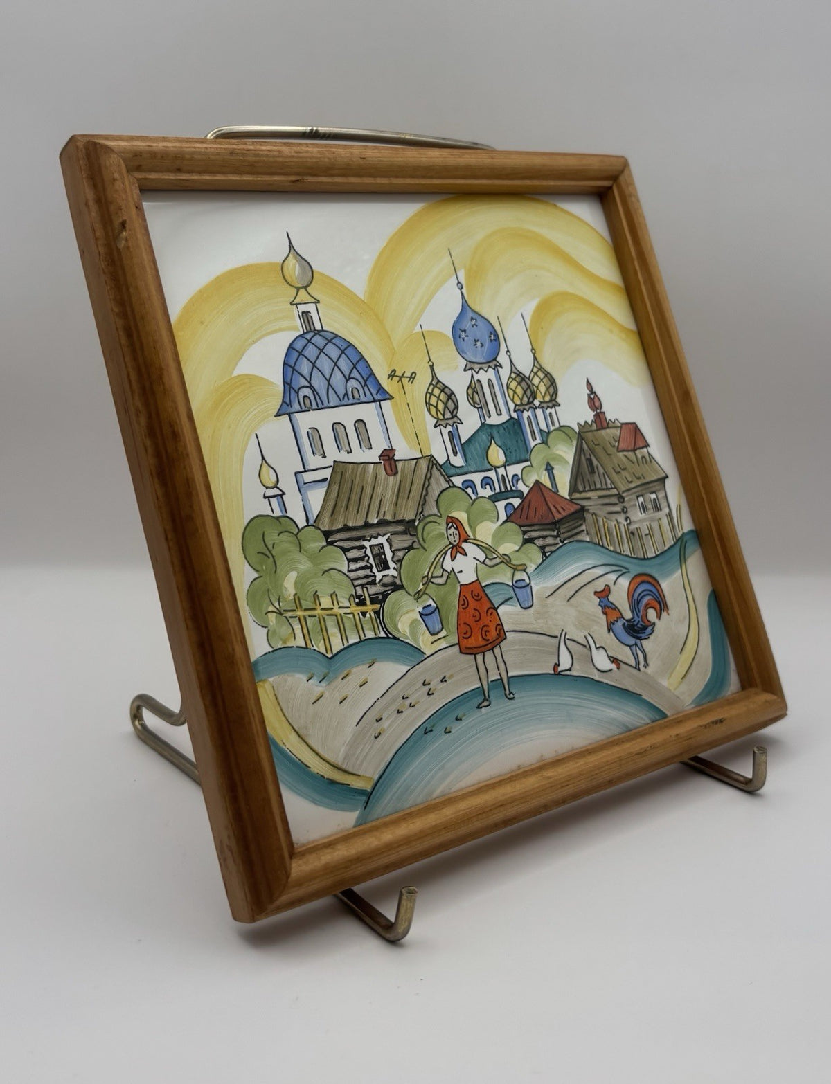 Russian Vintage Hand-Painted Metal Hanging Tile Art Framed. Signed.  6.5”