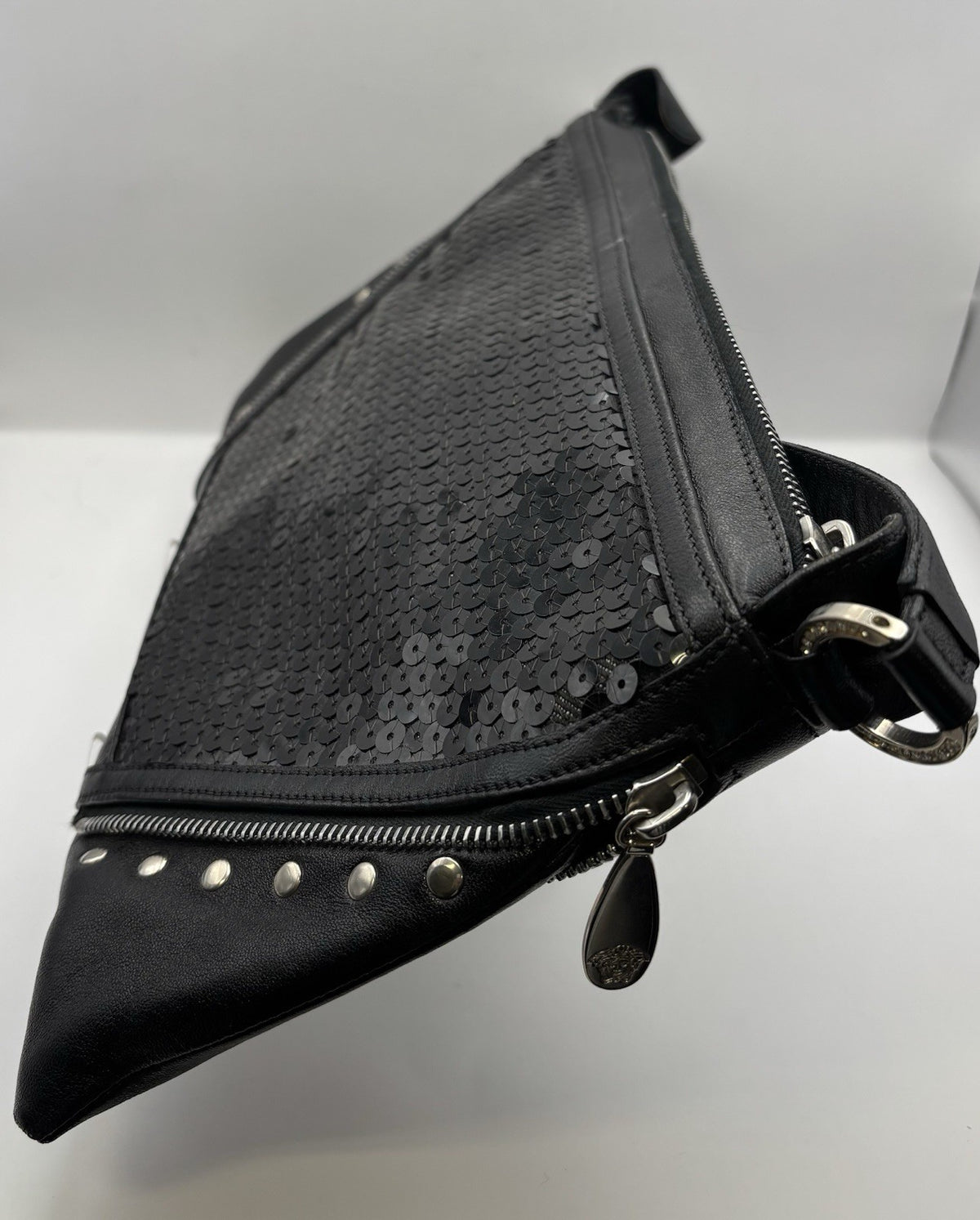 Vintage Versace Black Sequined Shoulder Bag with Leather Strap