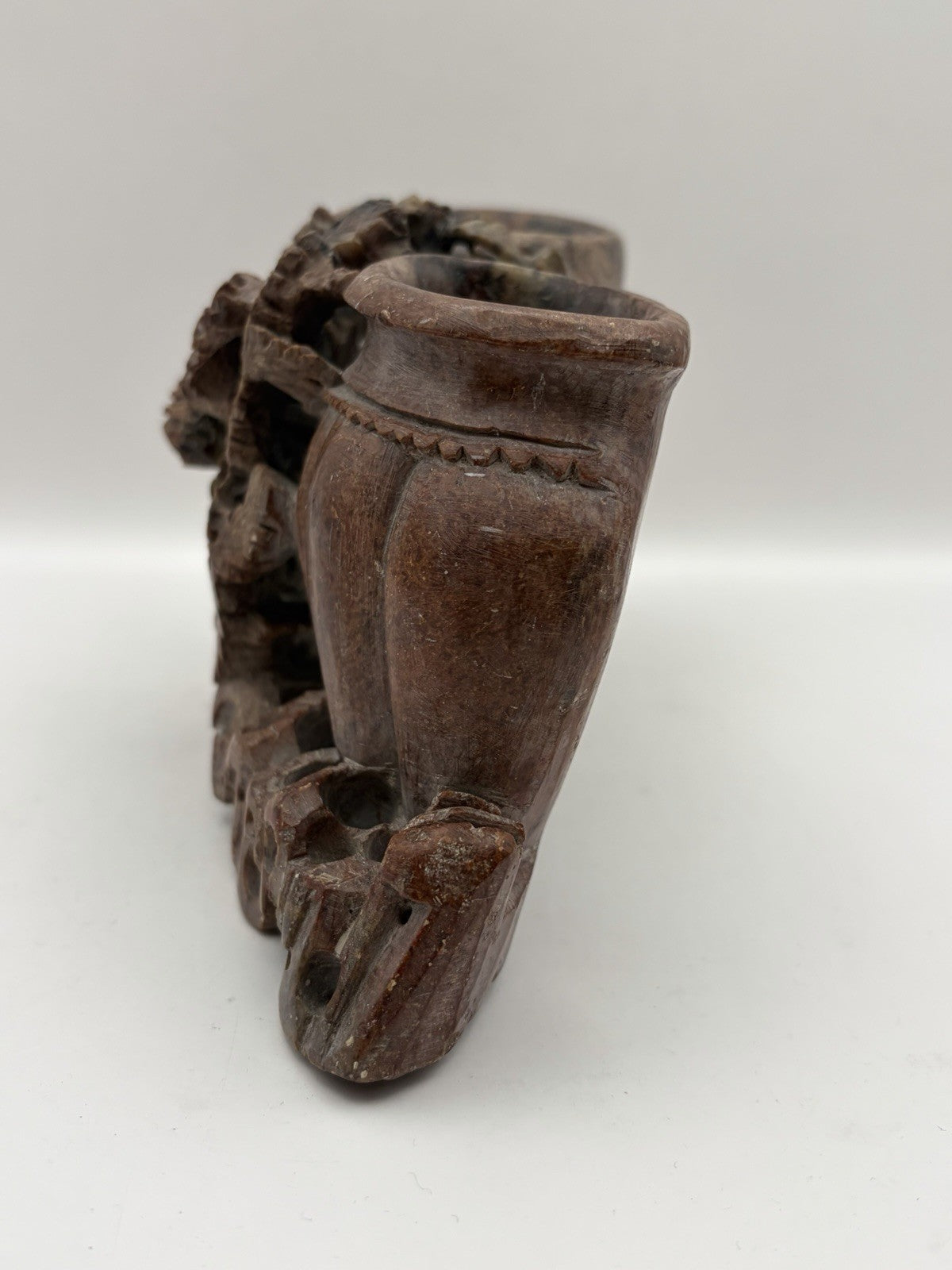 Vintage Chinese hand-carved soapstone double vessel and floral sculpture