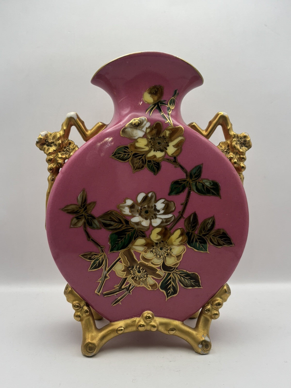 Antique Pink Porcelain Vase Hand-Painted Floral Design Gold Trim 9.1” Tall