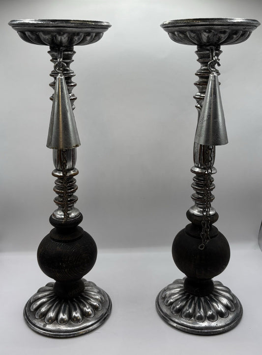 Vintage Wood And Pewter Candle Holder - WIth Candle Snuffer
