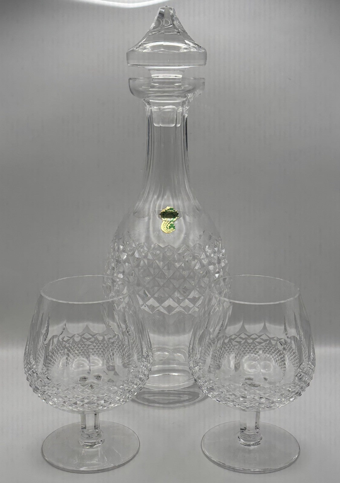 Waterford Crystal Colleen wine decanter with a distinctive diamond-cut pattern
