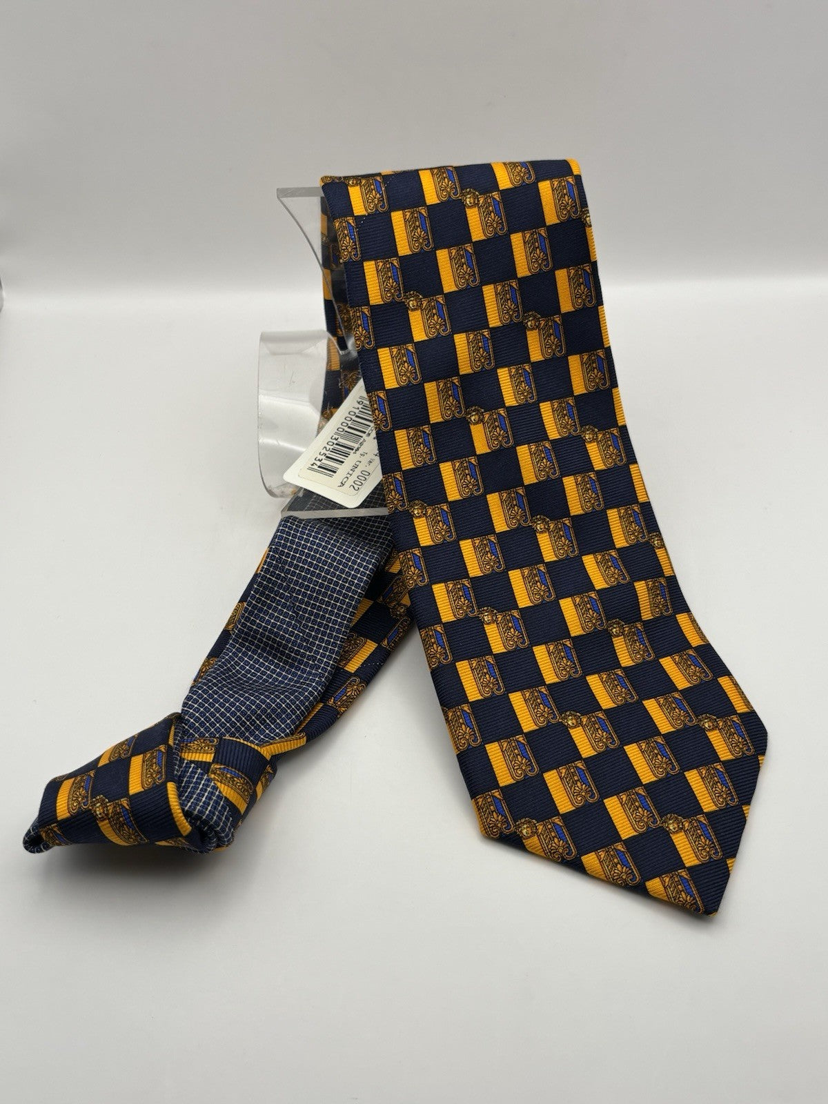 Gianni Versace Necktie 100% Silk Checkerboard Pattern with Gold and Blue. New