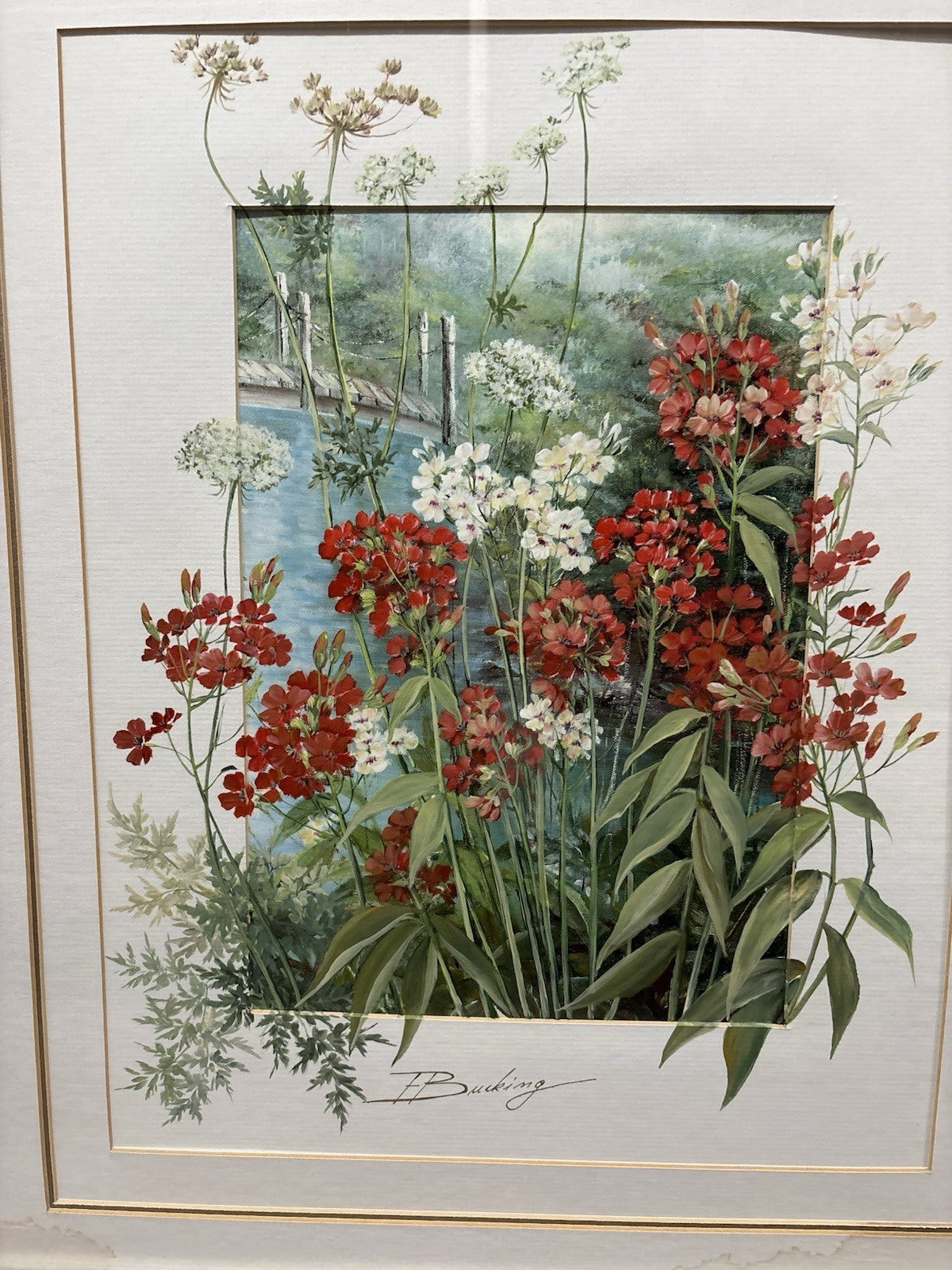 Red floral with bridge water color signed by E. Bucking oil painting framed