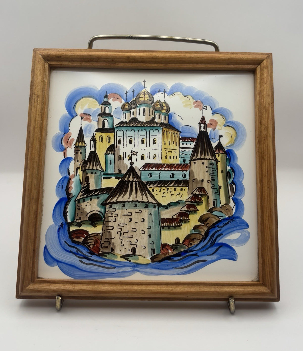 Russian Vintage Hand-Painted Metal Hanging Tile Art Framed 6.5”