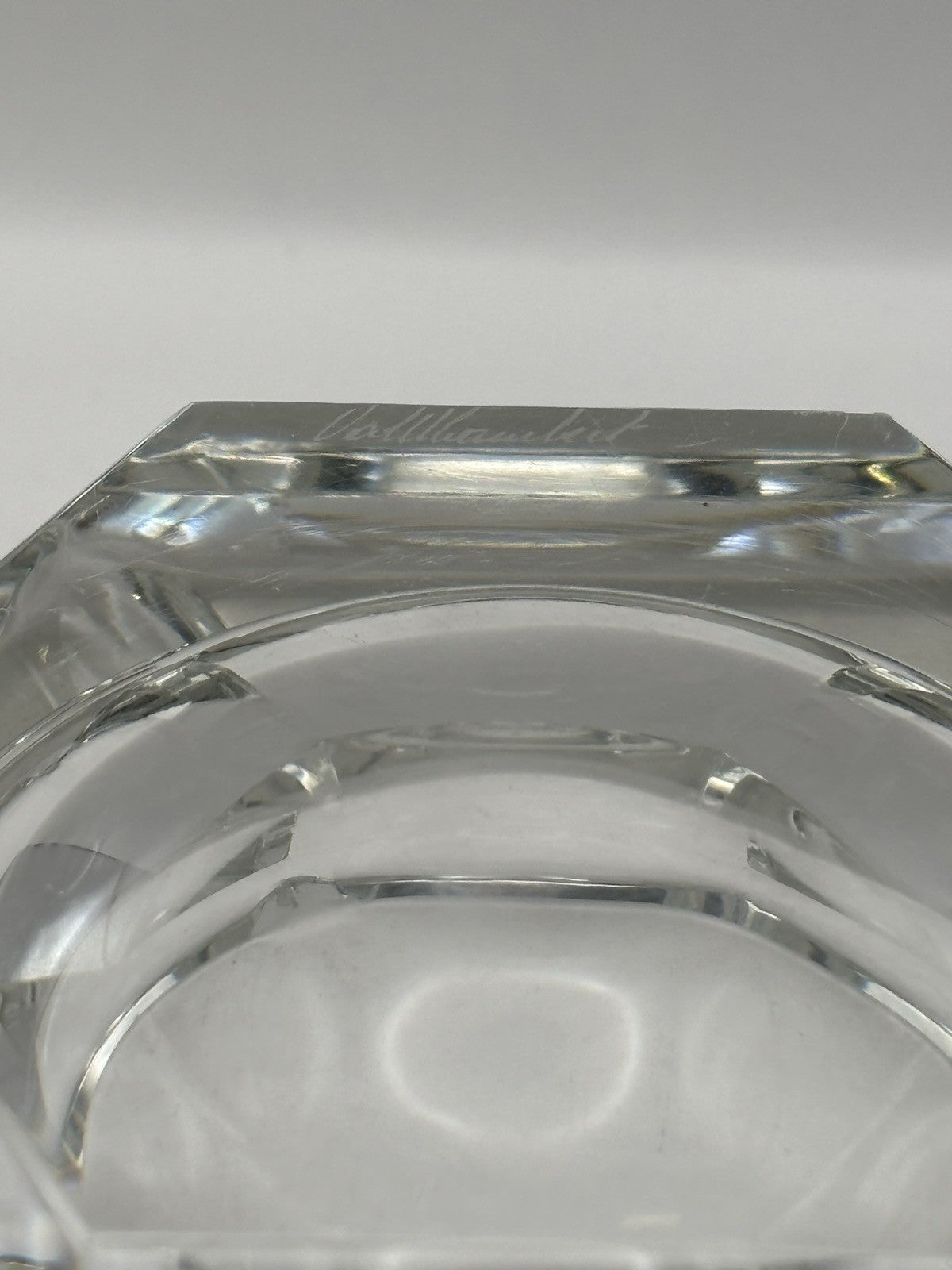 Val St Lambert Geometric Crystal 3 Slot Ashtray Signed