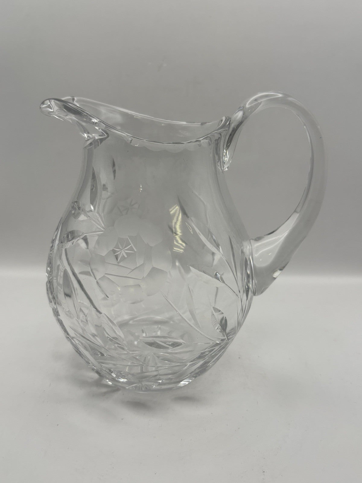 Vintage Cut Glass Crystal Pitcher with A Frosted Floral Design 7" Tall