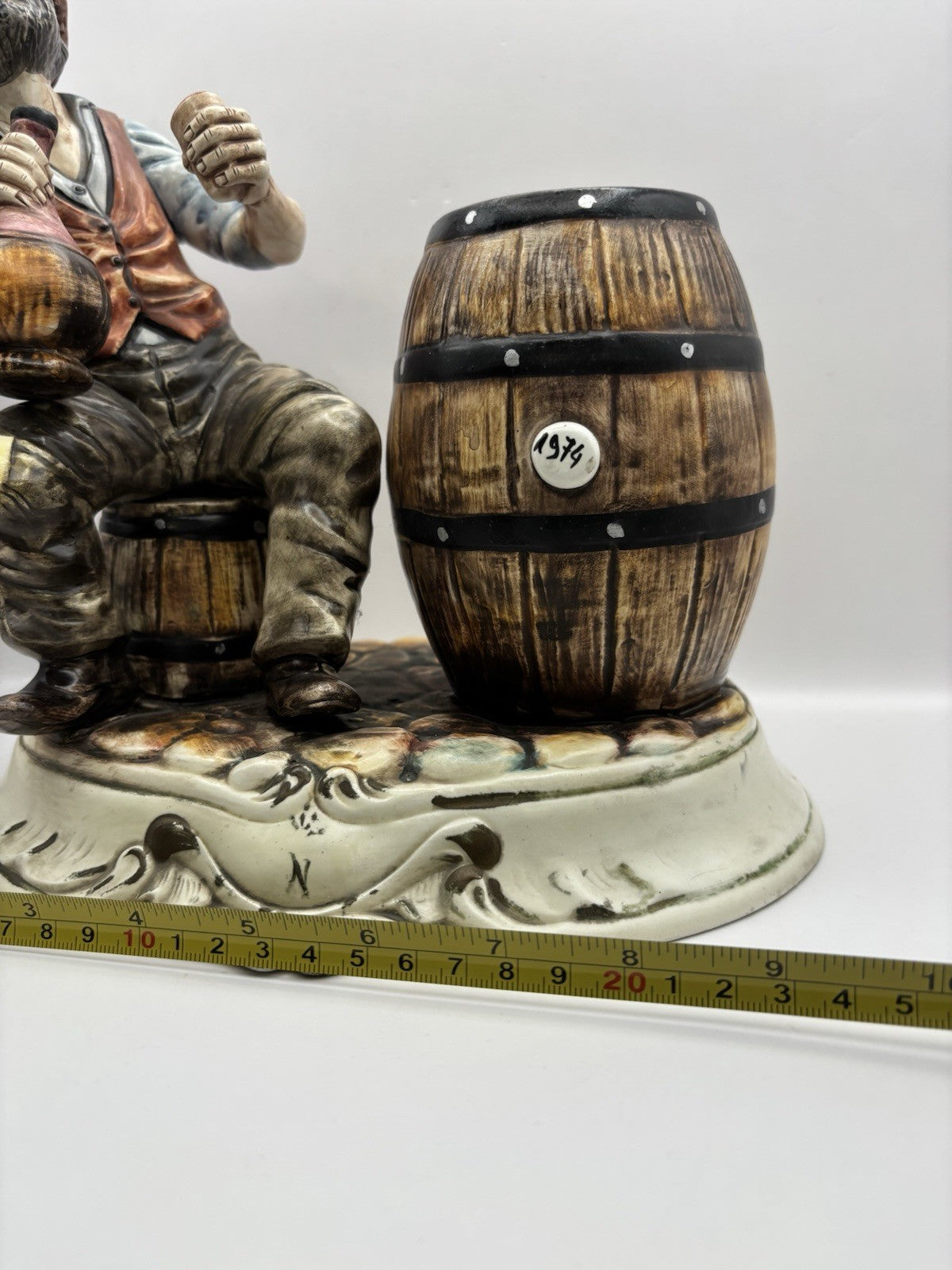 Vintage Capodimonte Hobo Tramp 10" Figurine Holding Jug W/Whiskey Barrels Italy