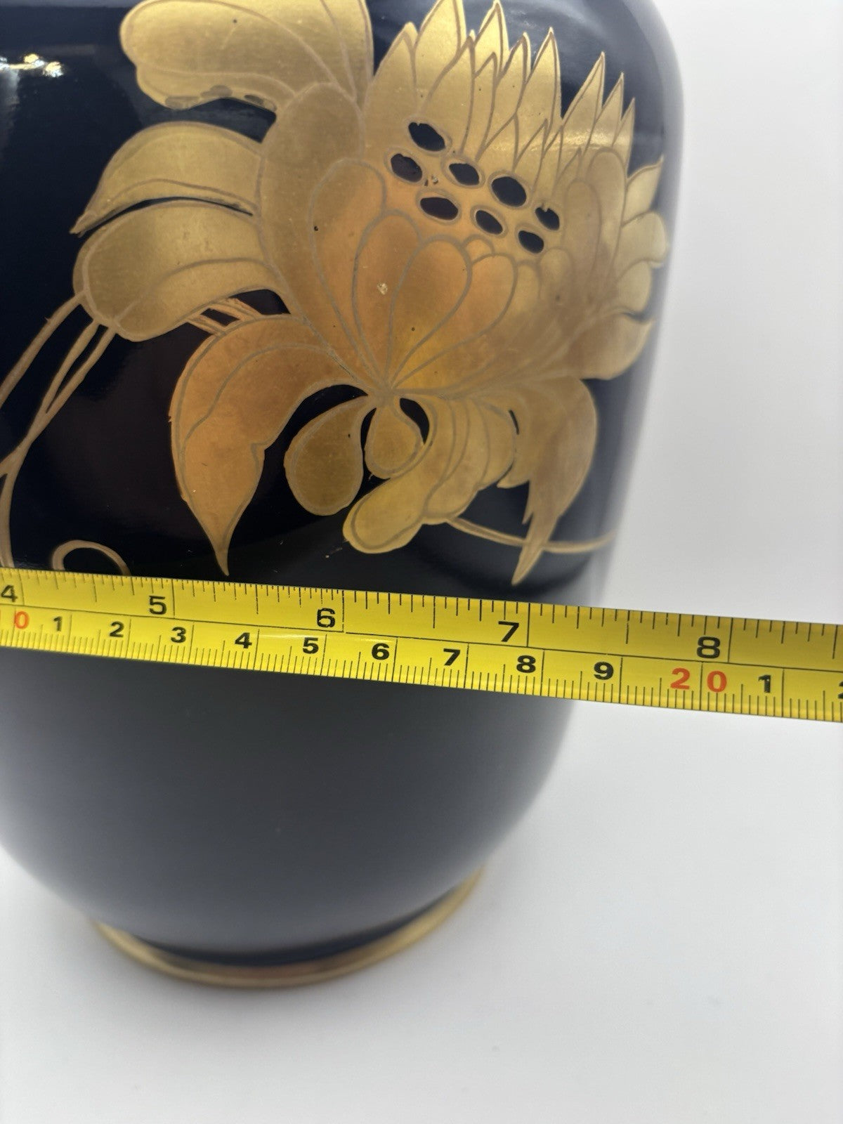 Vtg Large Porcelain Pottery Vase Deep Cobalt Blue w/Gold Flowers Signed