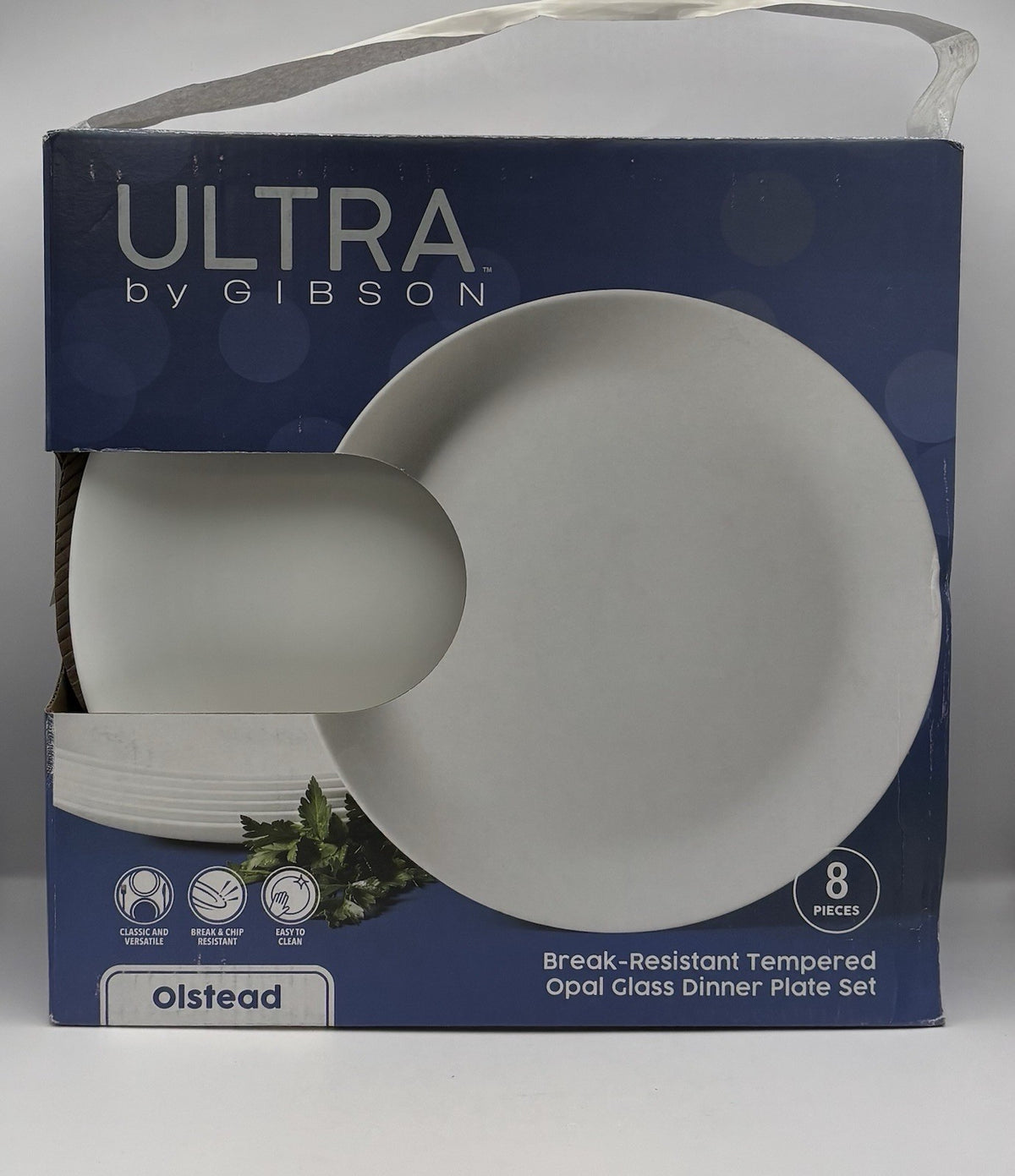 Ultra by Gibson Olstead 8-piece Opal Glass Dinner Plate Set. New In Box