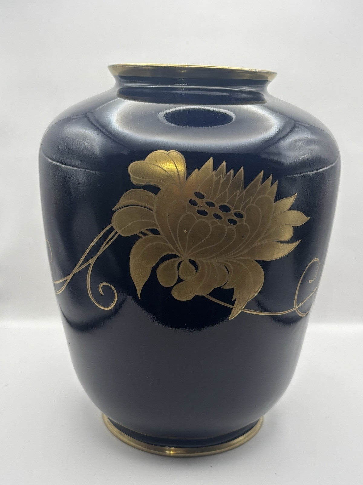 Vtg Large Porcelain Pottery Vase Deep Cobalt Blue w/Gold Flowers Signed