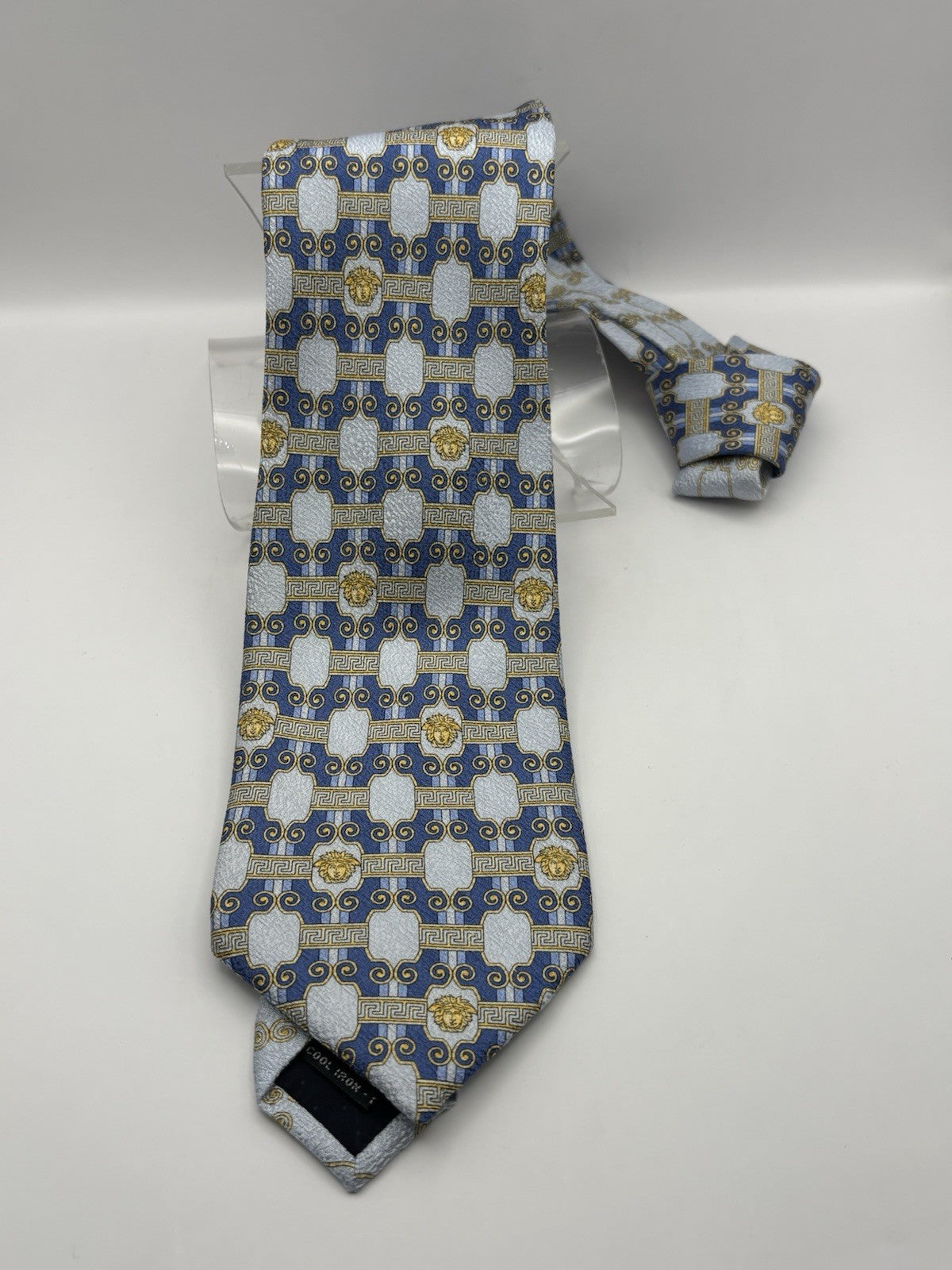 Versace silk necktie vibrant blue and gold geometric pattern W Medusa head logo