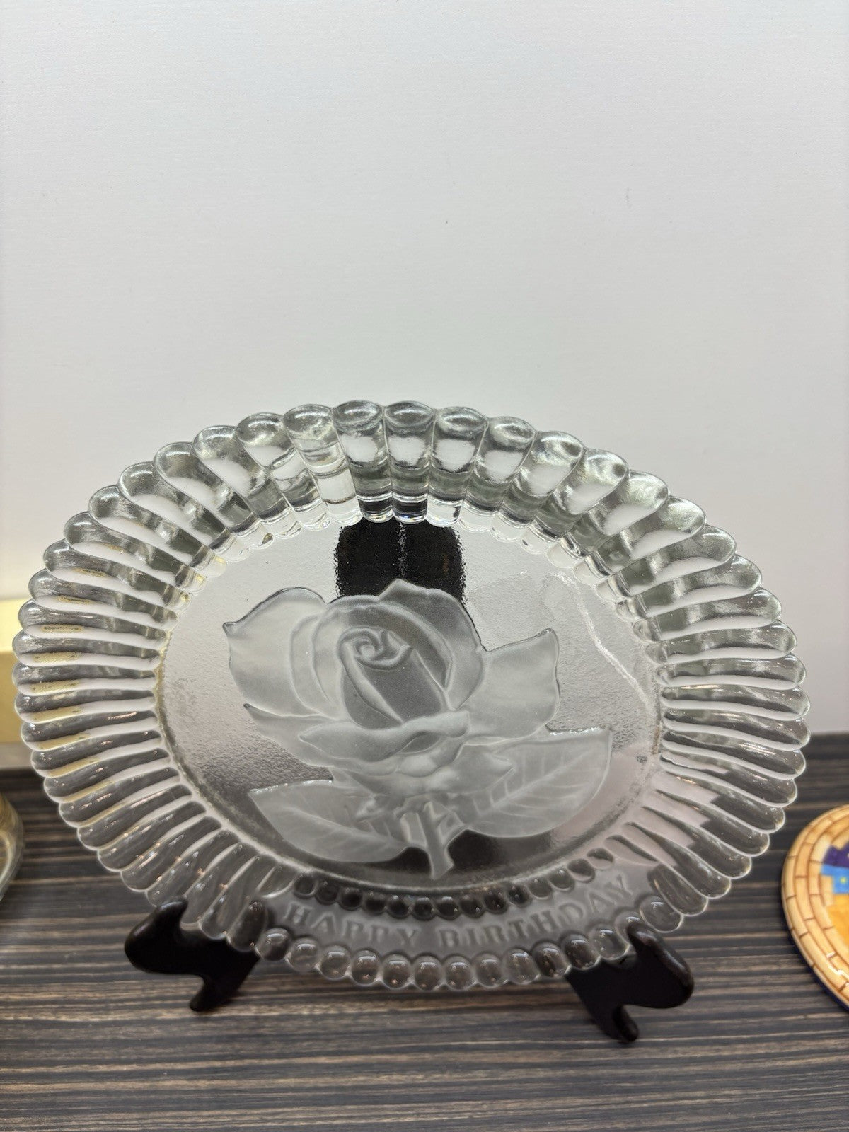 Crystal plate - w happy birthday and a rose