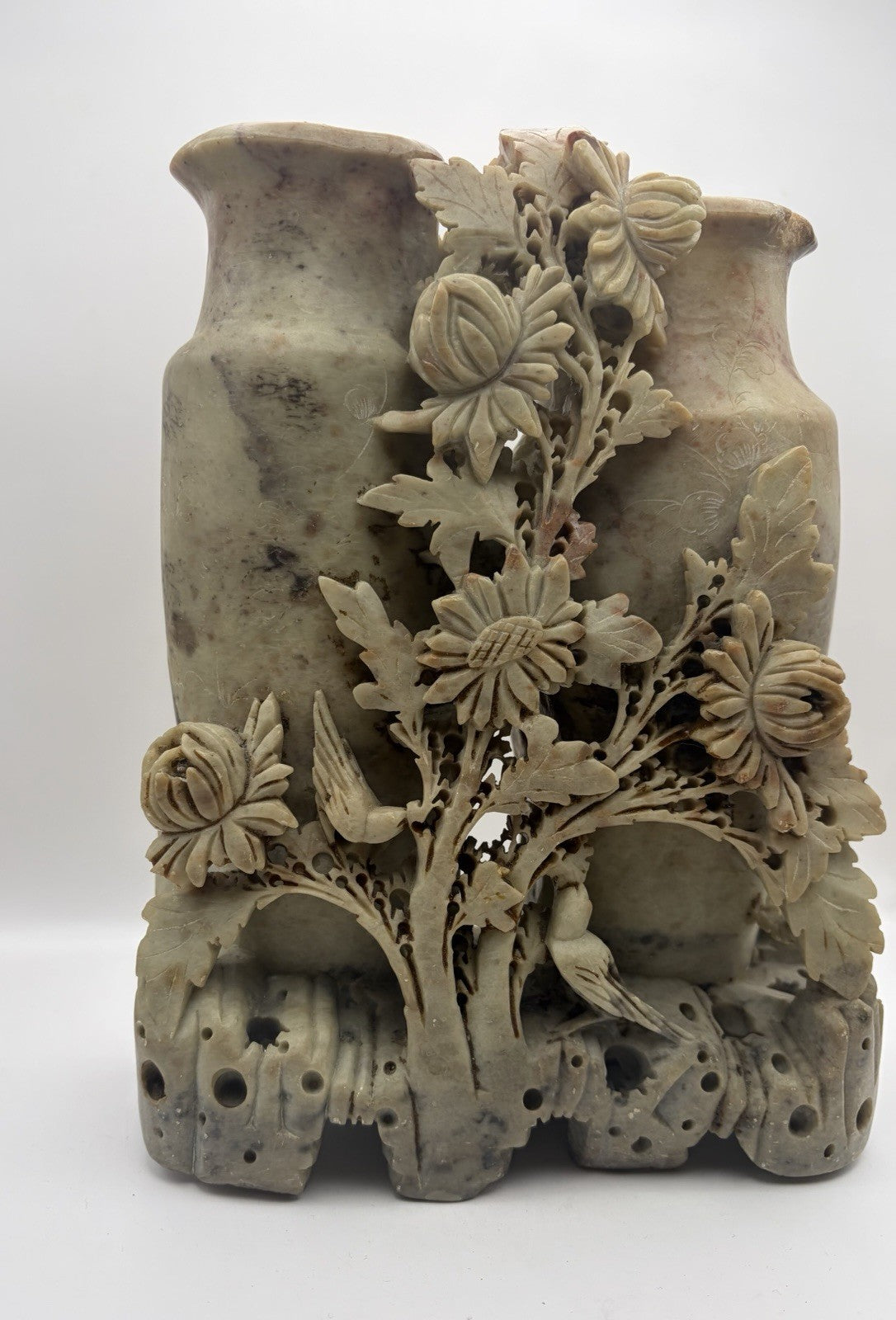 Vintage Chinese hand-carved soapstone double mantle vase
