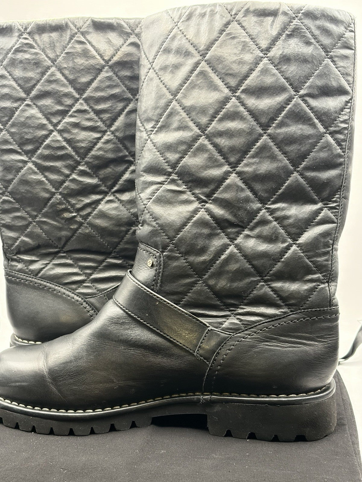 CHANEL CC Logo Quilted Black Leather Moto Biker Combat Boots Size 39