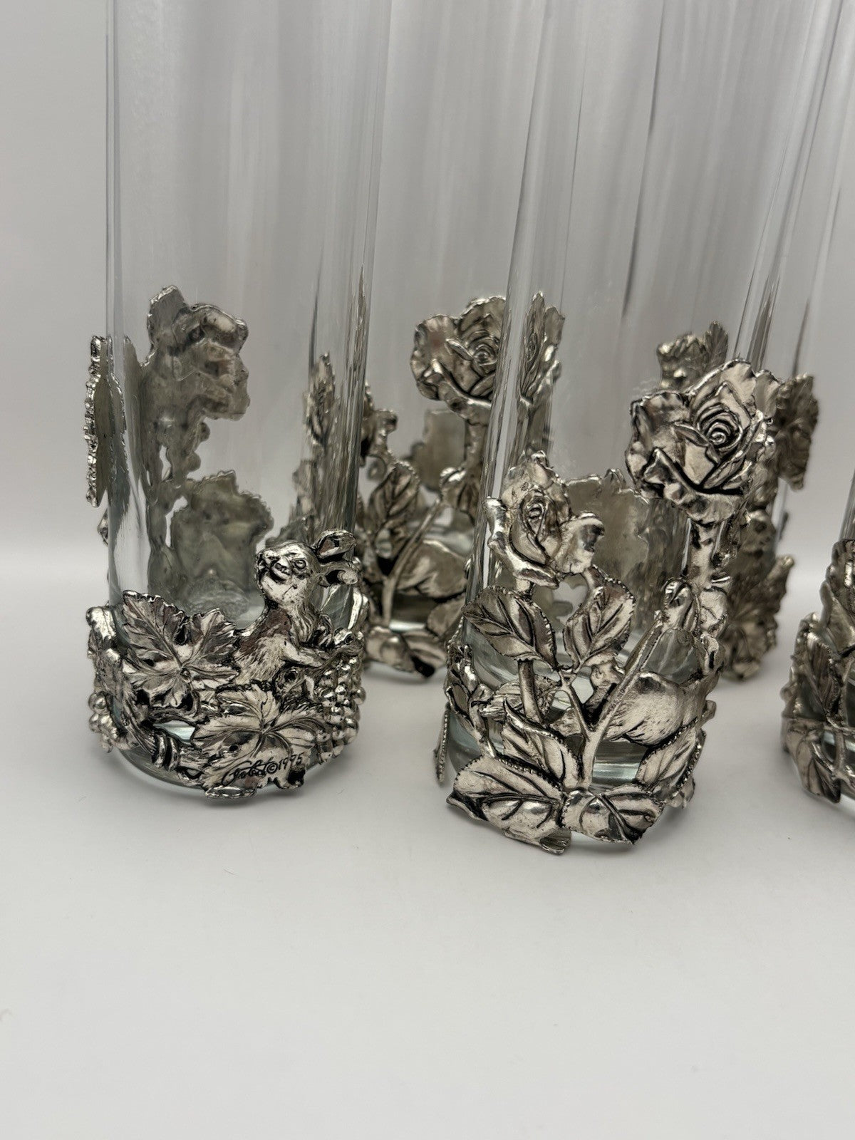Arthur Court vintage bud vases silver plate rabbit and floral designs on glass.