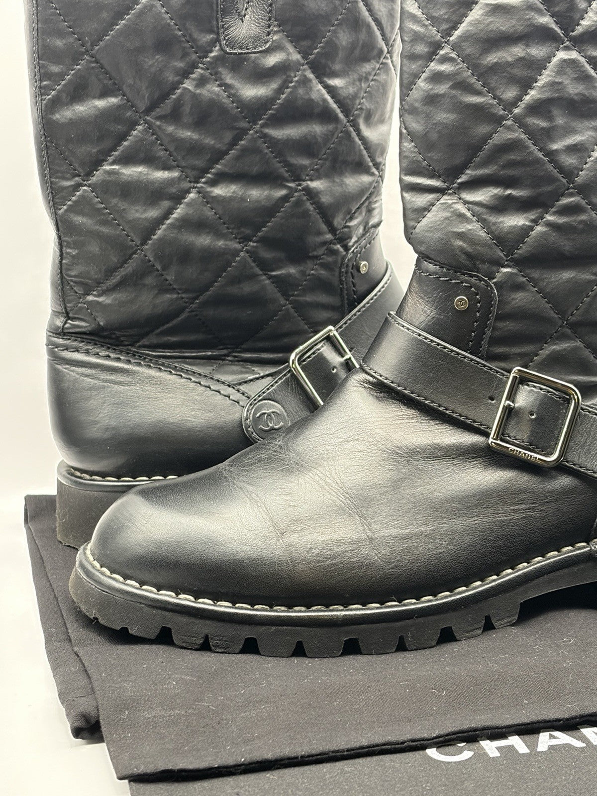 CHANEL CC Logo Quilted Black Leather Moto Biker Combat Boots Size 39