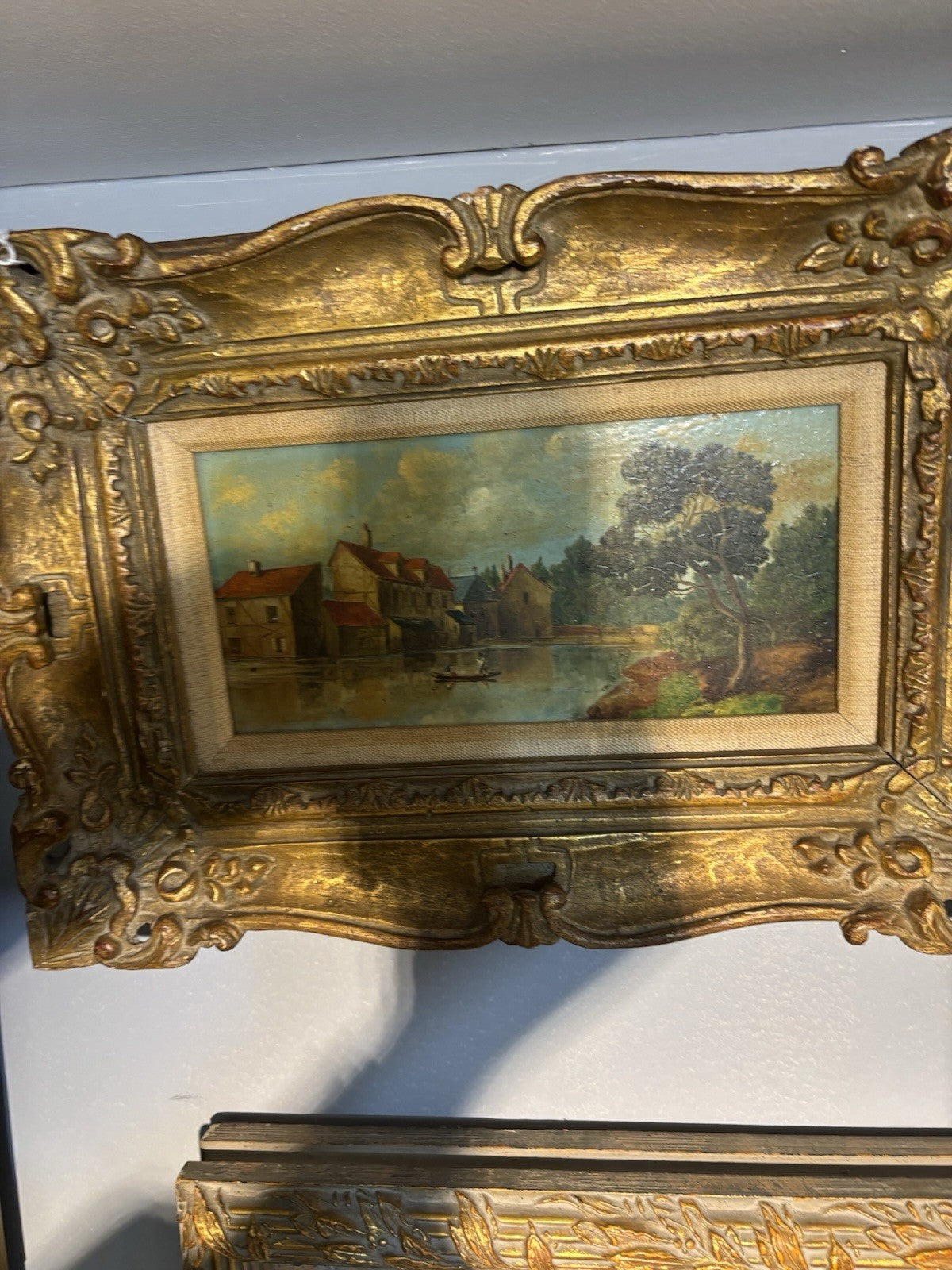 Antique Dutch Countryside Oil Painting On Canvas In a Gilded Wood Frame