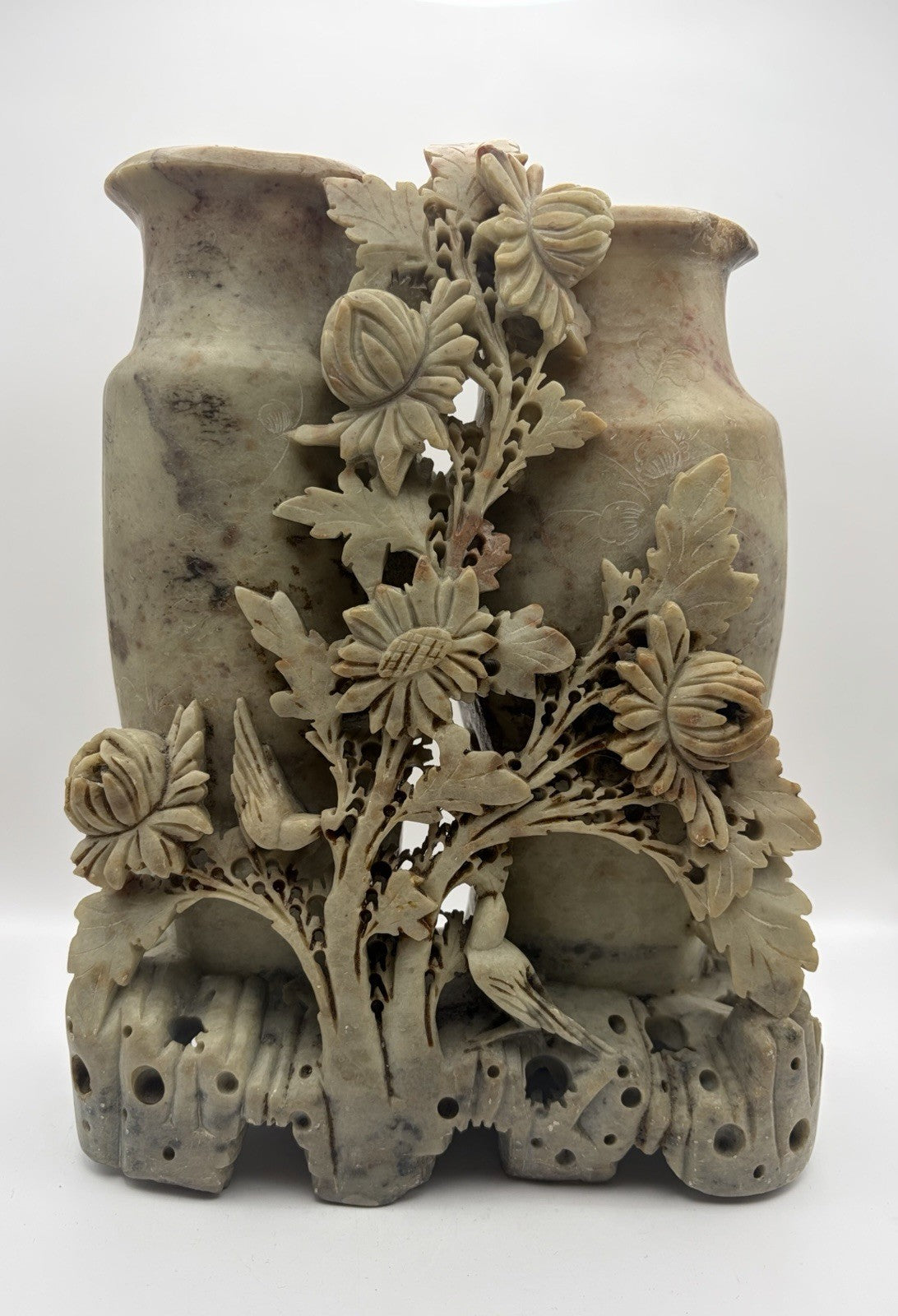 Vintage Chinese hand-carved soapstone double mantle vase