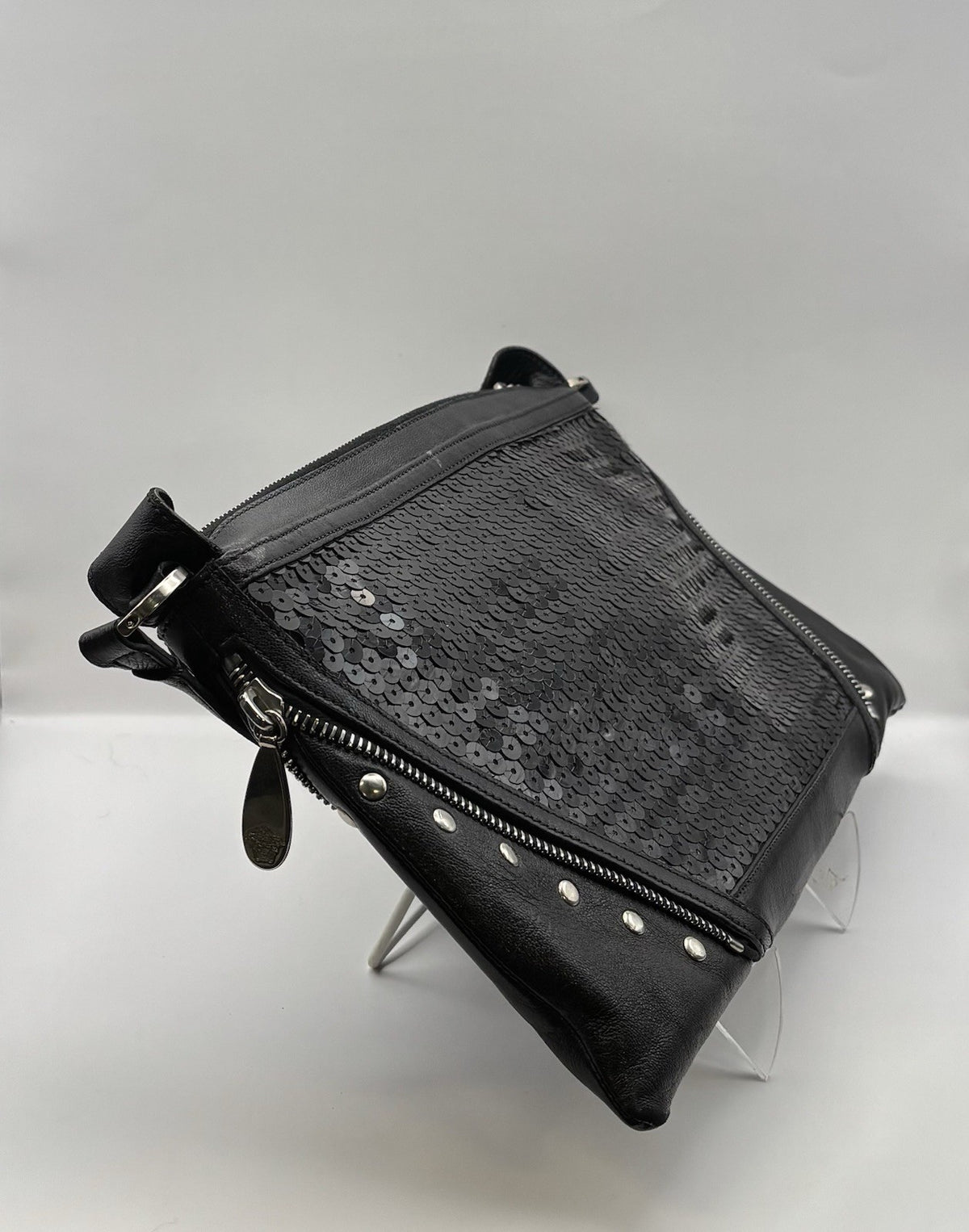 Vintage Versace Black Sequined Shoulder Bag with Leather Strap