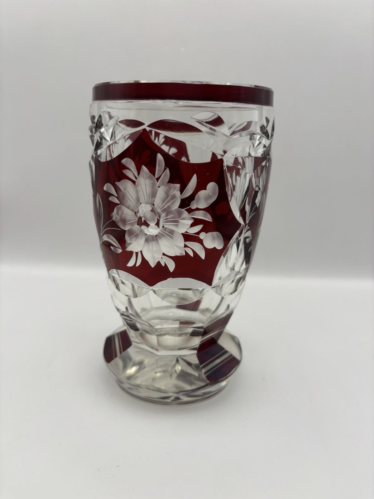 Vintage Bohemian ruby red cut-to-clear glass vase 5.8”