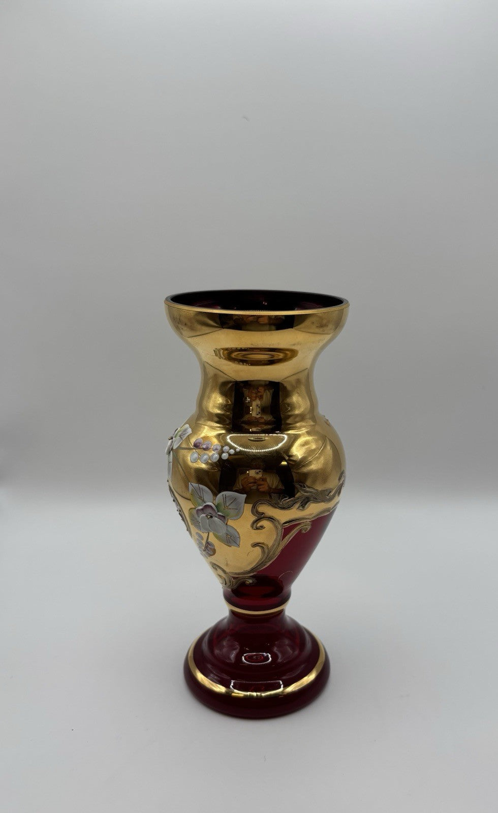 CZECH BOHEMIAN CRYSTAL RUBY RED VASE GILDED RAISED ENAMEL 6.3”