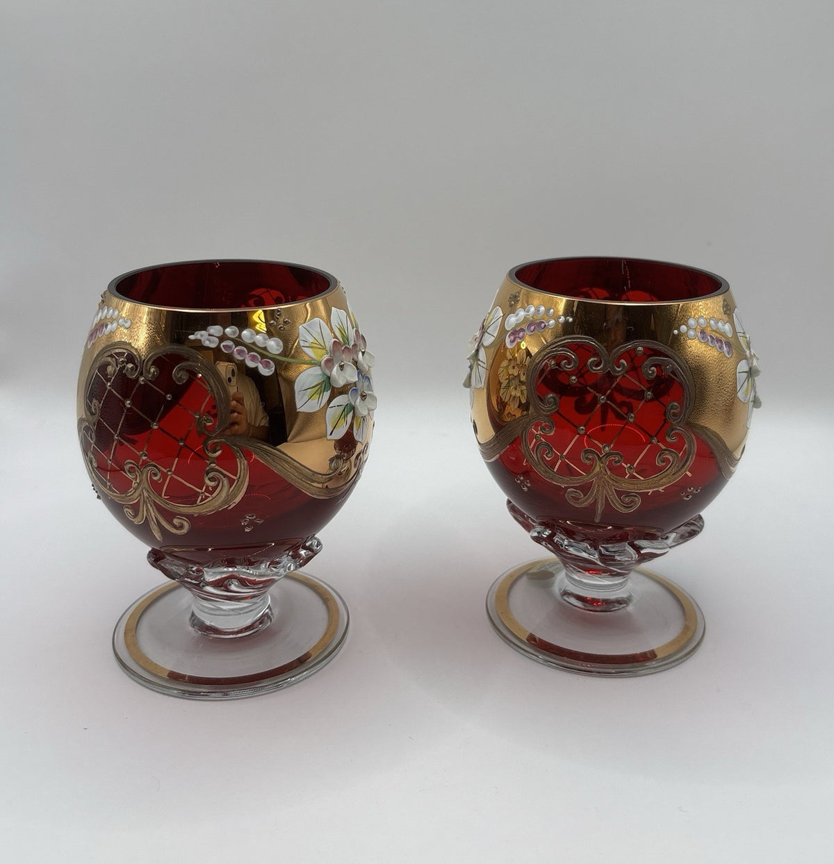 Pair of Bohemia Red Ruby Glass with A Floral Design Gold Trim Made In Czech