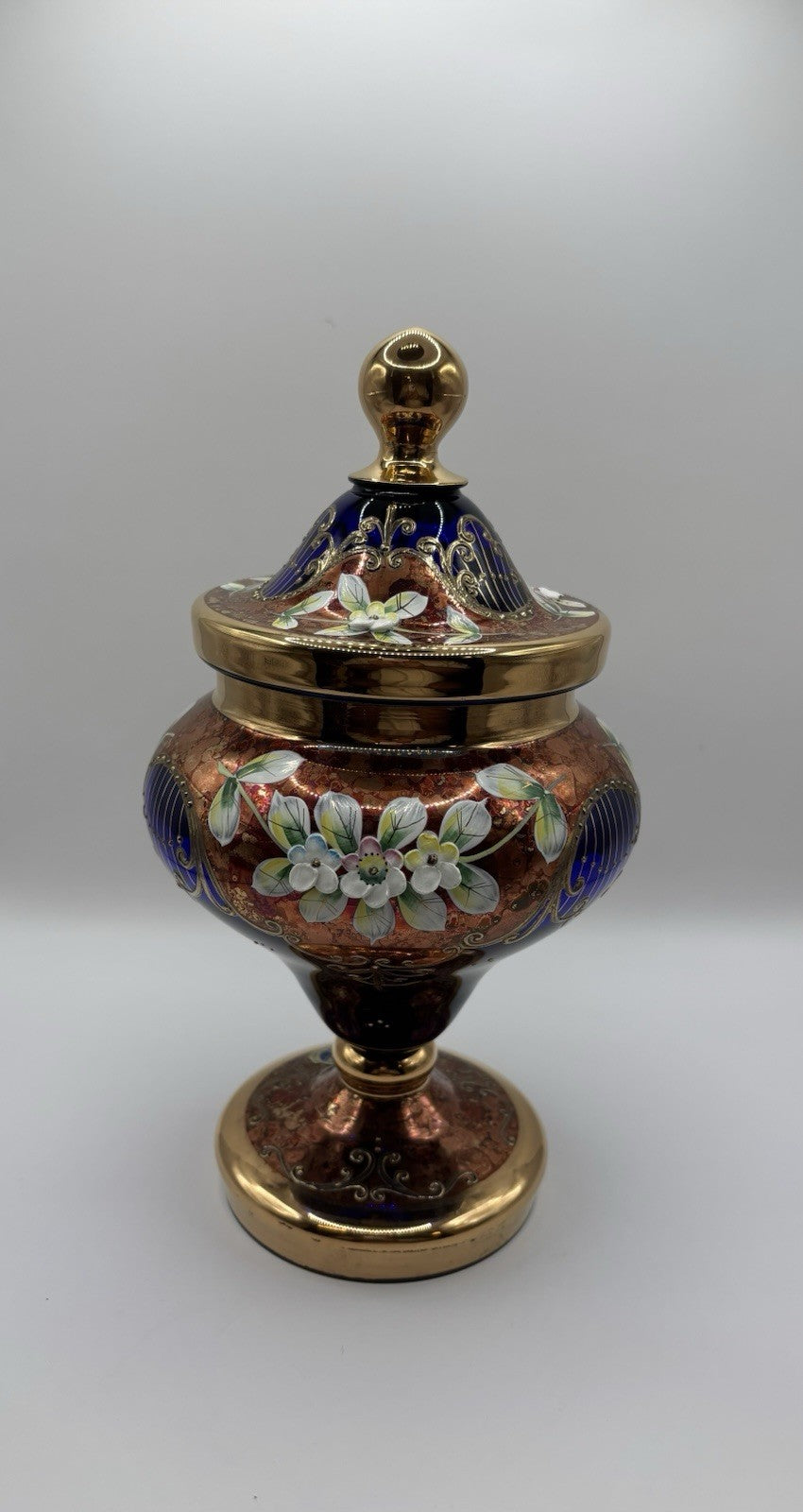 Bohemia Art Cobalt Decorative Vase with Lid Made In Czech