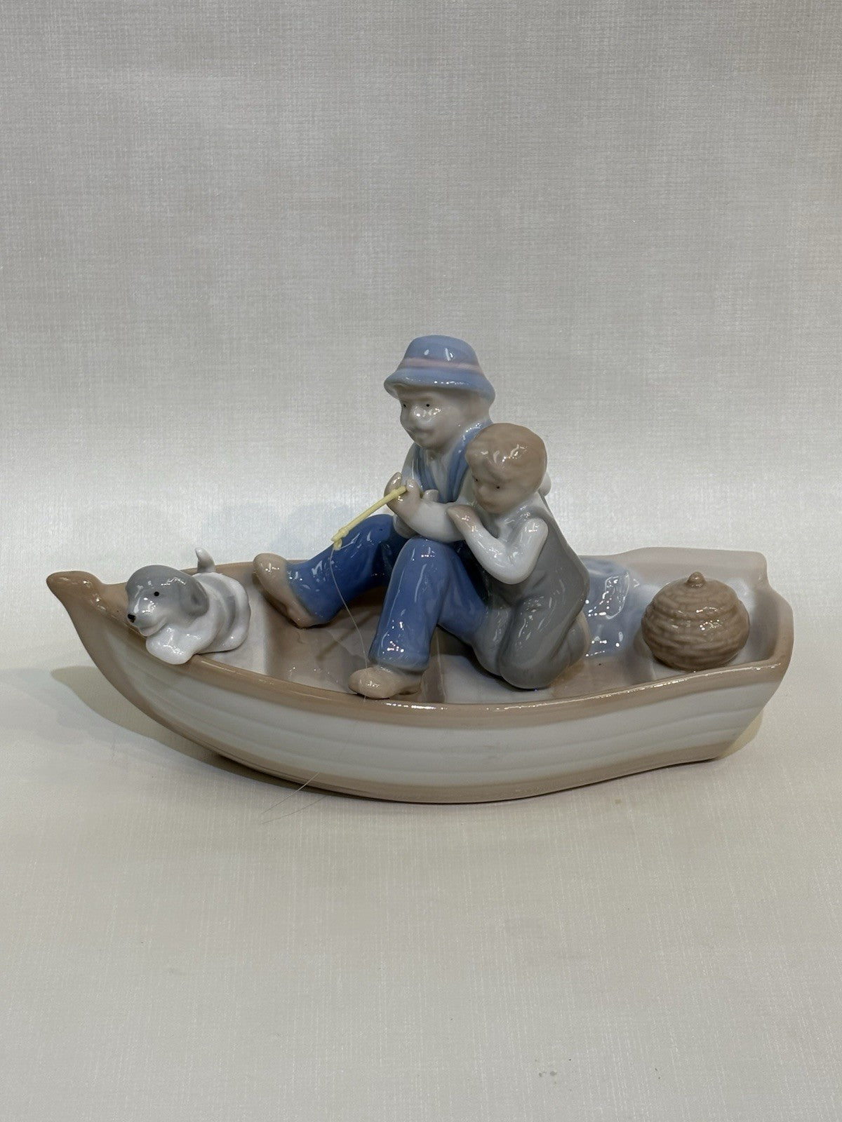 FISHING BOAT PORCELAIN FIGURINE MEICO GRANDPA GRANDSON DOG