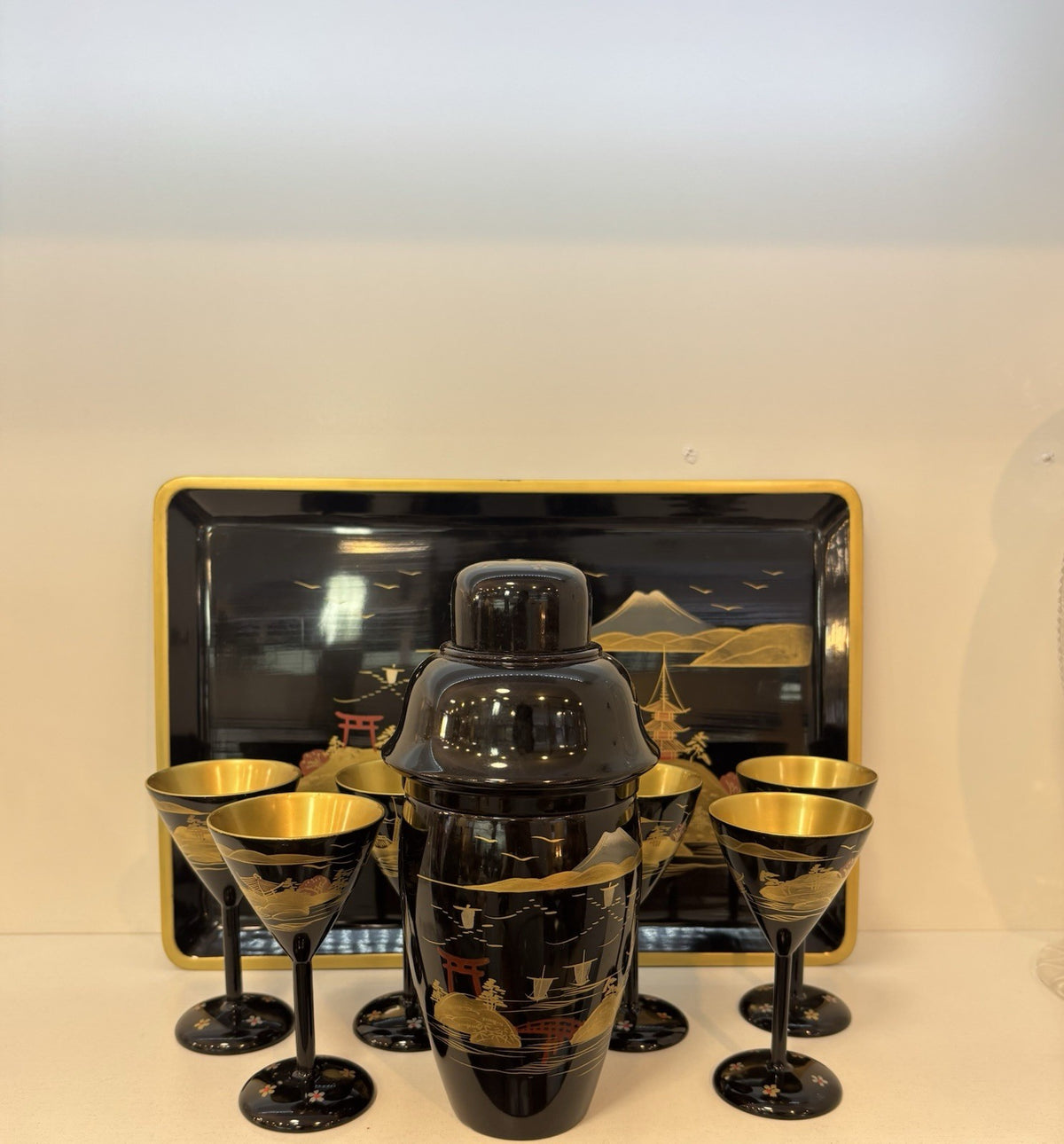 Vintage Japanese Lacquer Cocktail Set 8 Pieces Hand Painted Lacquer Ware