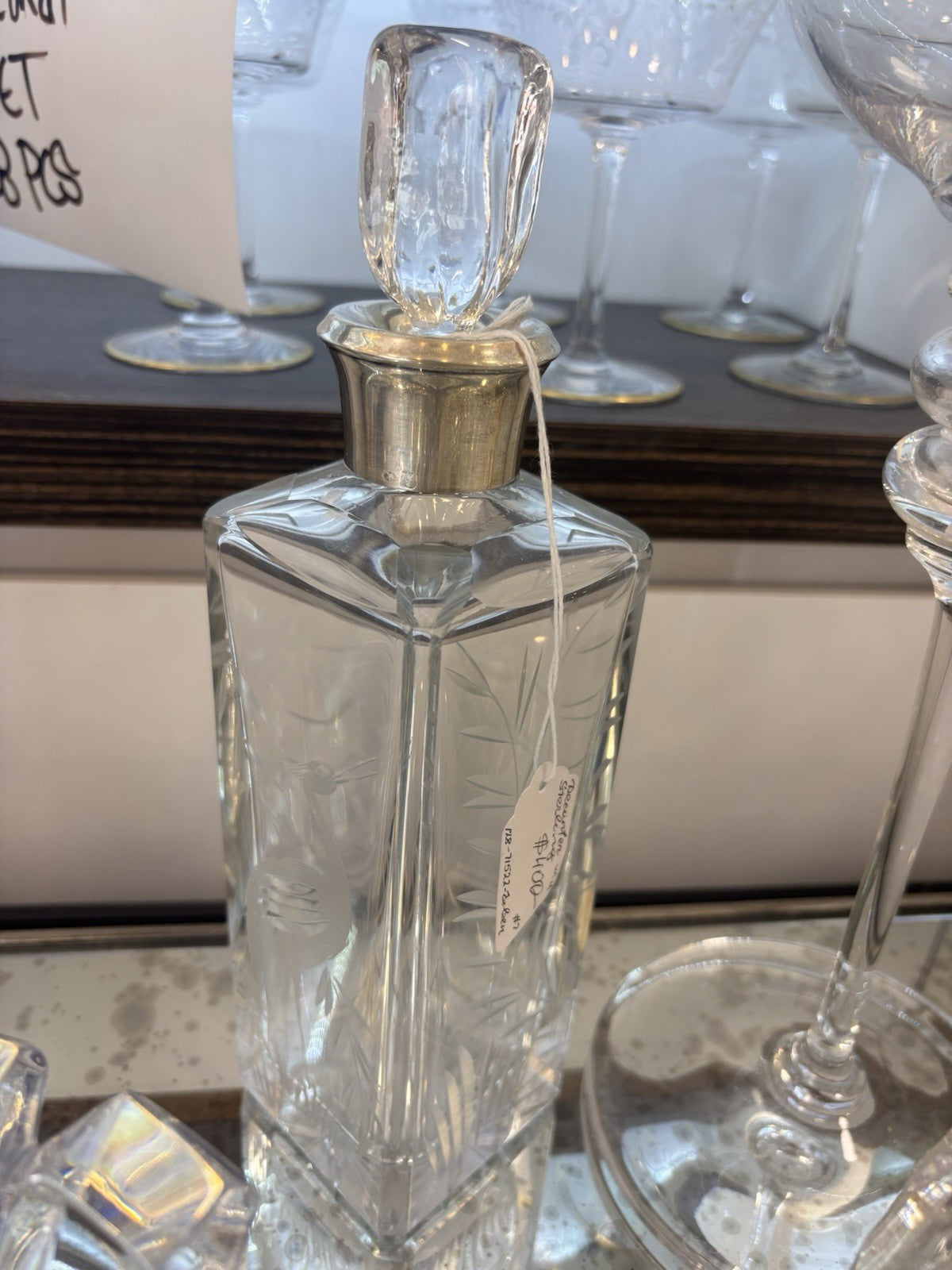 Magnificent cut crystal decanter w a sterlingsilver ram 10.7”