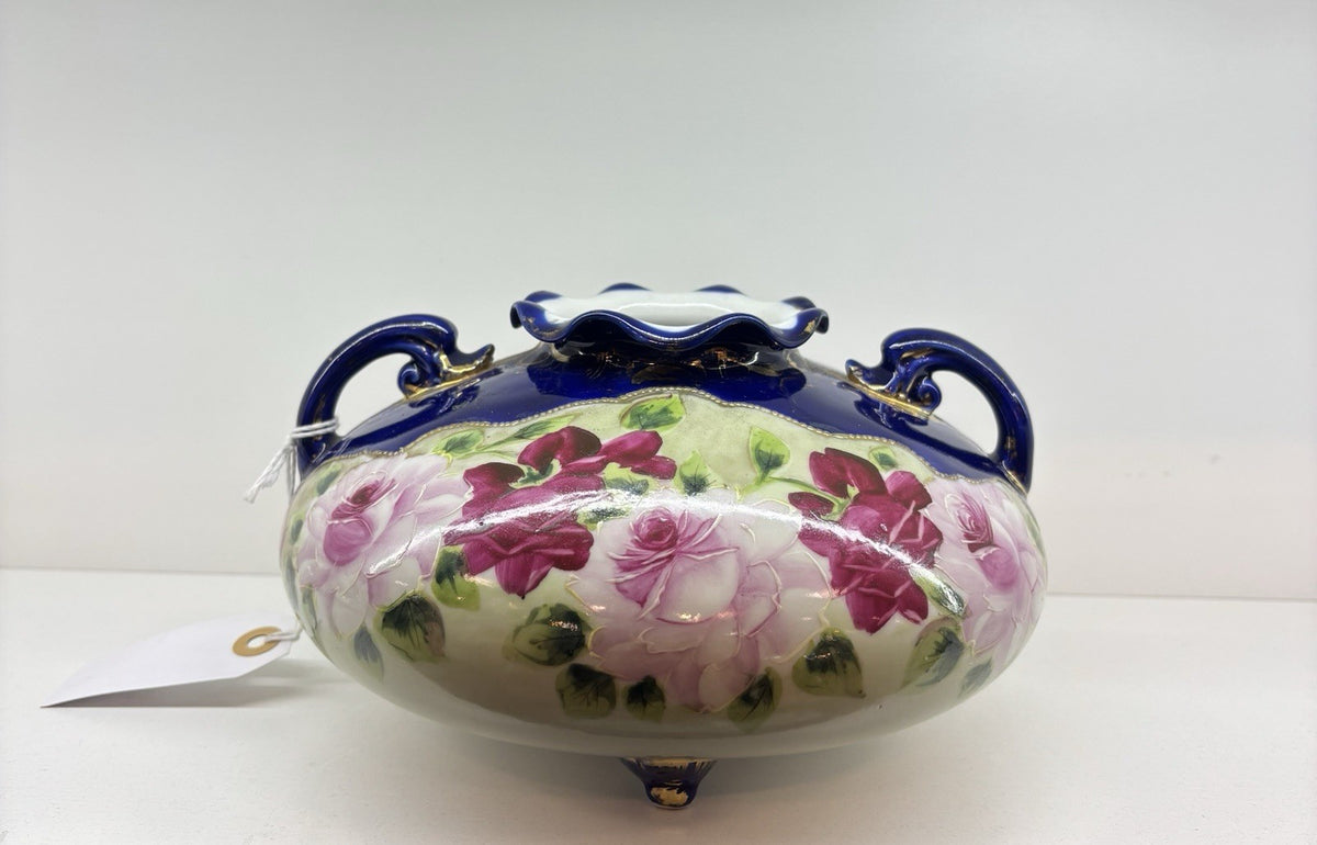 Nippon Porcelain Cobalt Center Piece Vase Hand Painted Flowers 4” Inches Tall