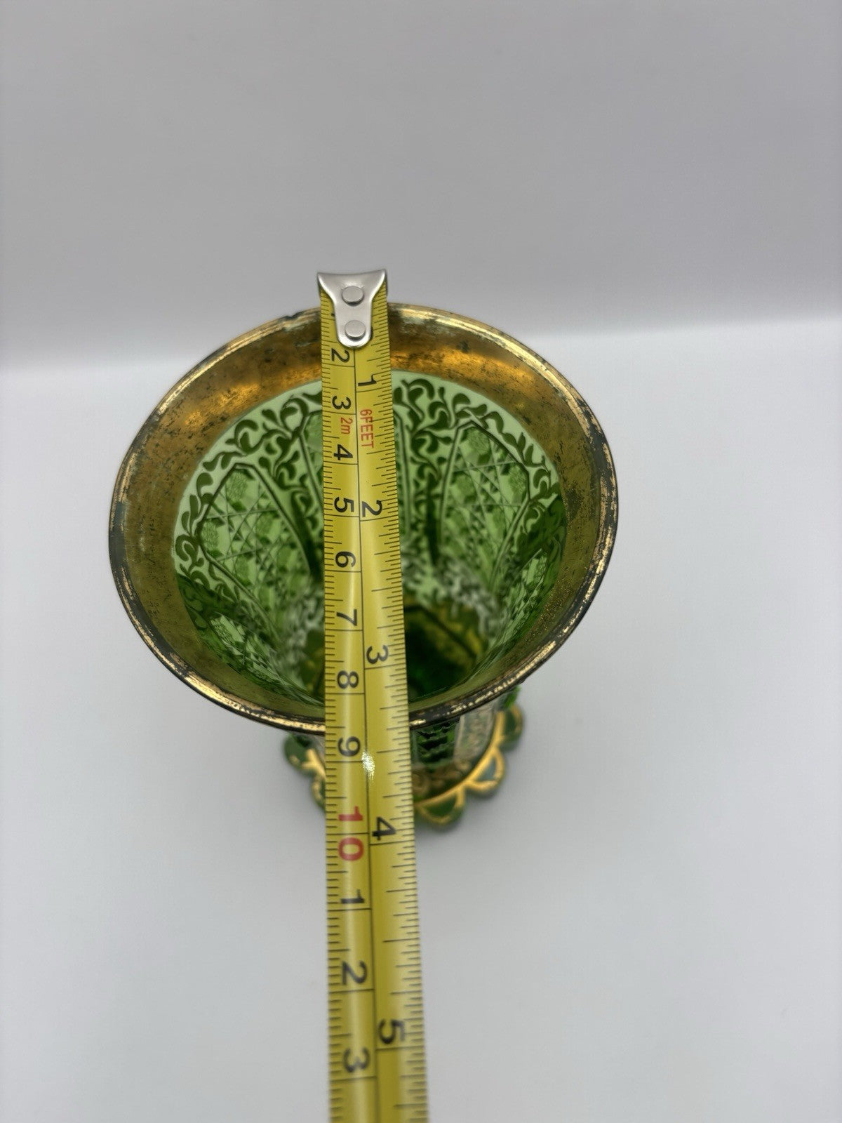 Bohemian Czech glass vase featuring hand-painted gold trim and panels 5.1”