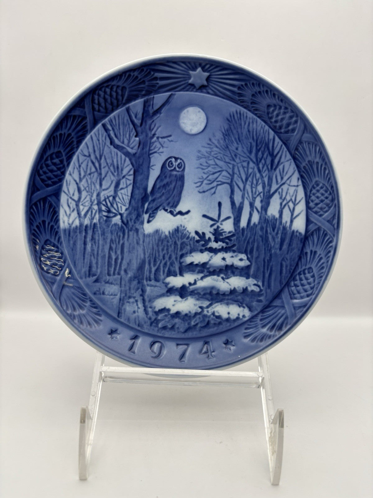 1974 Royal Copenhagen plate Winter Twilight owl in a snowy landscape.