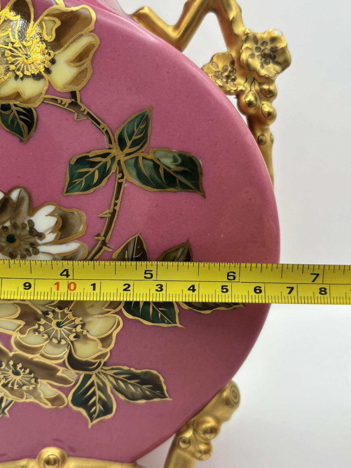 Antique Pink Porcelain Vase Hand-Painted Floral Design Gold Trim 9.1” Tall