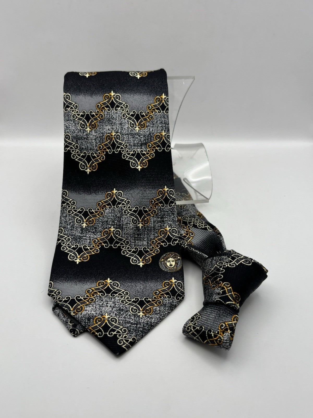 Gianni Versace tie black and silver silk Medusa head emblem