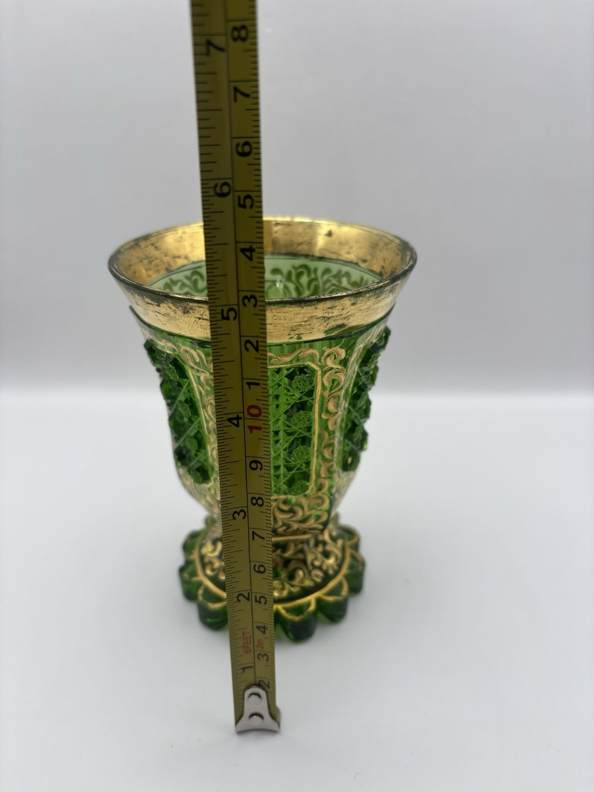 Bohemian Czech glass vase featuring hand-painted gold trim and panels 5.1”