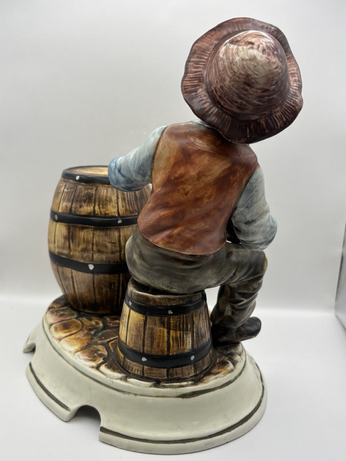 Vintage Capodimonte Hobo Tramp 10" Figurine Holding Jug W/Whiskey Barrels Italy
