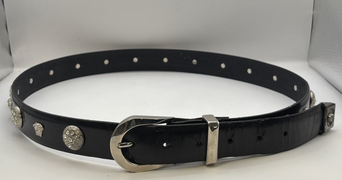 vintage genuine Gianni Versace crystal Medusa rhinestone black leather belt