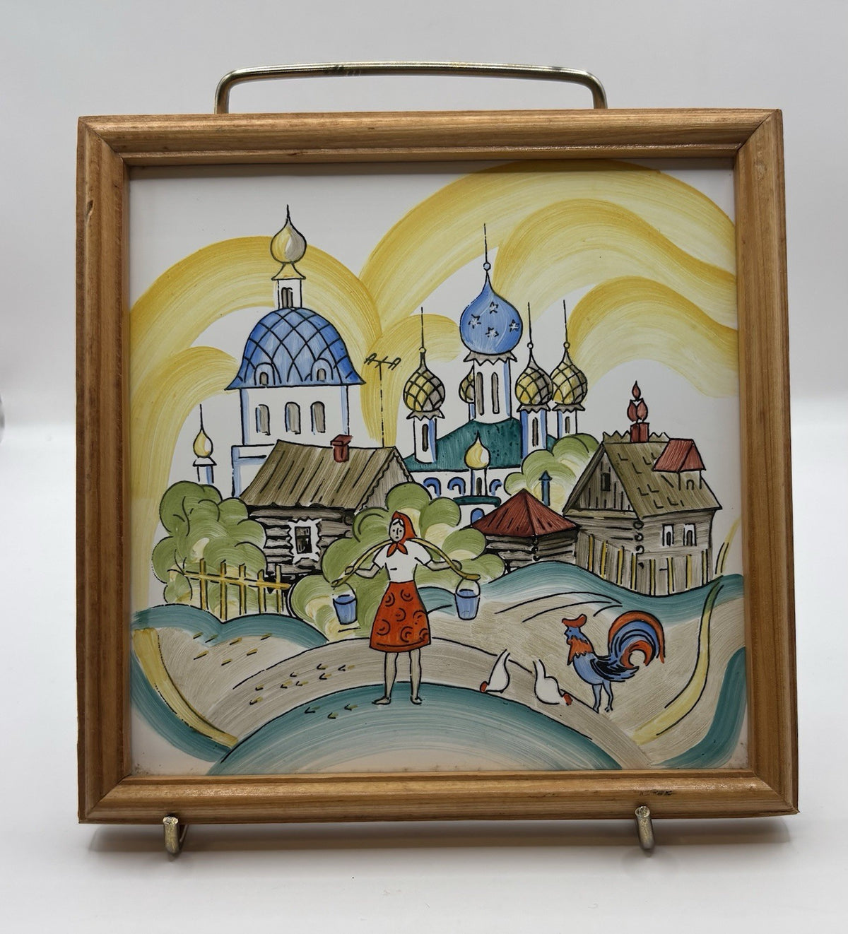 Russian Vintage Hand-Painted Metal Hanging Tile Art Framed. Signed.  6.5”