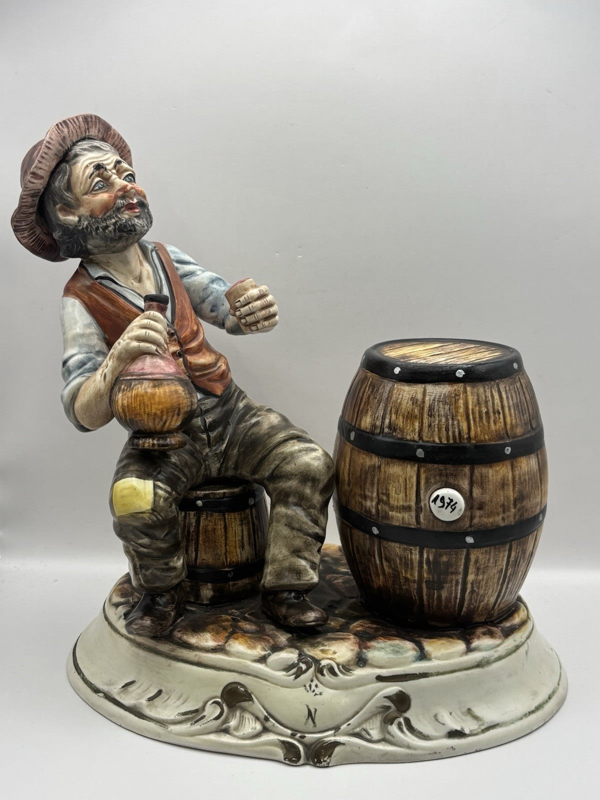Vintage Capodimonte Hobo Tramp 10" Figurine Holding Jug W/Whiskey Barrels Italy