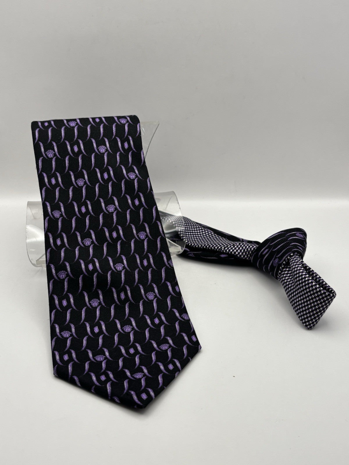Versace Silk Tie Geometric Pattern Purple and Black Medusa Head Motif Italy