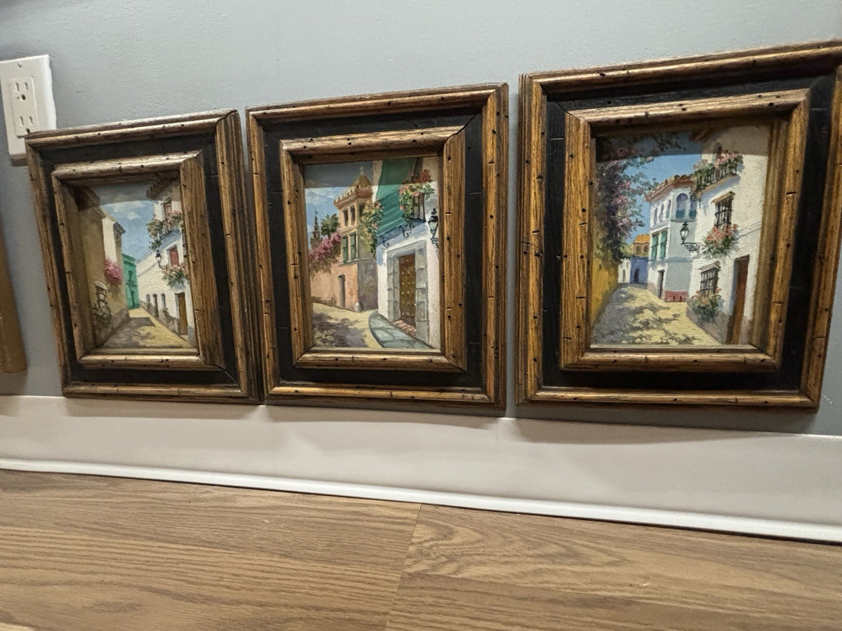 3 Small Oil Paintings On Wood Framed Mediterranean Style Street Scene