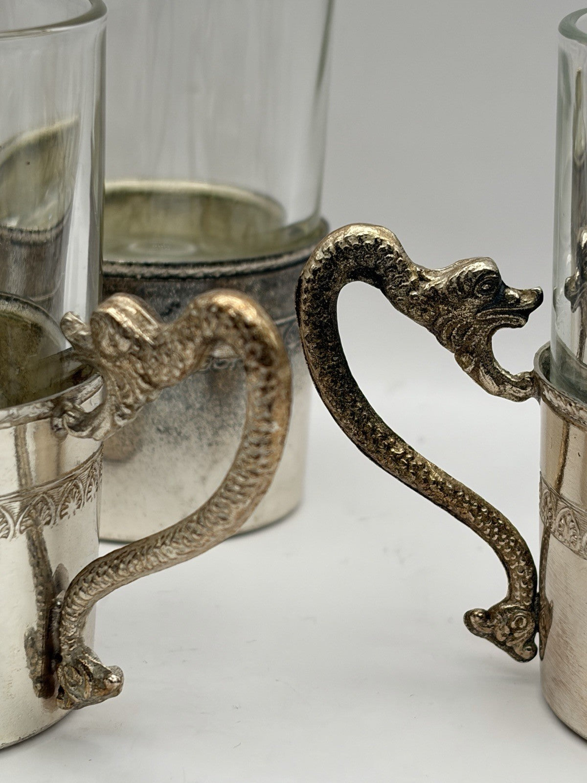 Vintage Italian shot glasses silver-plated holders with intricate dragon handles